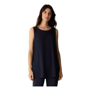 Eileen Fisher Midnight Blue Silk Georgette Crepe Ballet Neck Long Tank Size S/P